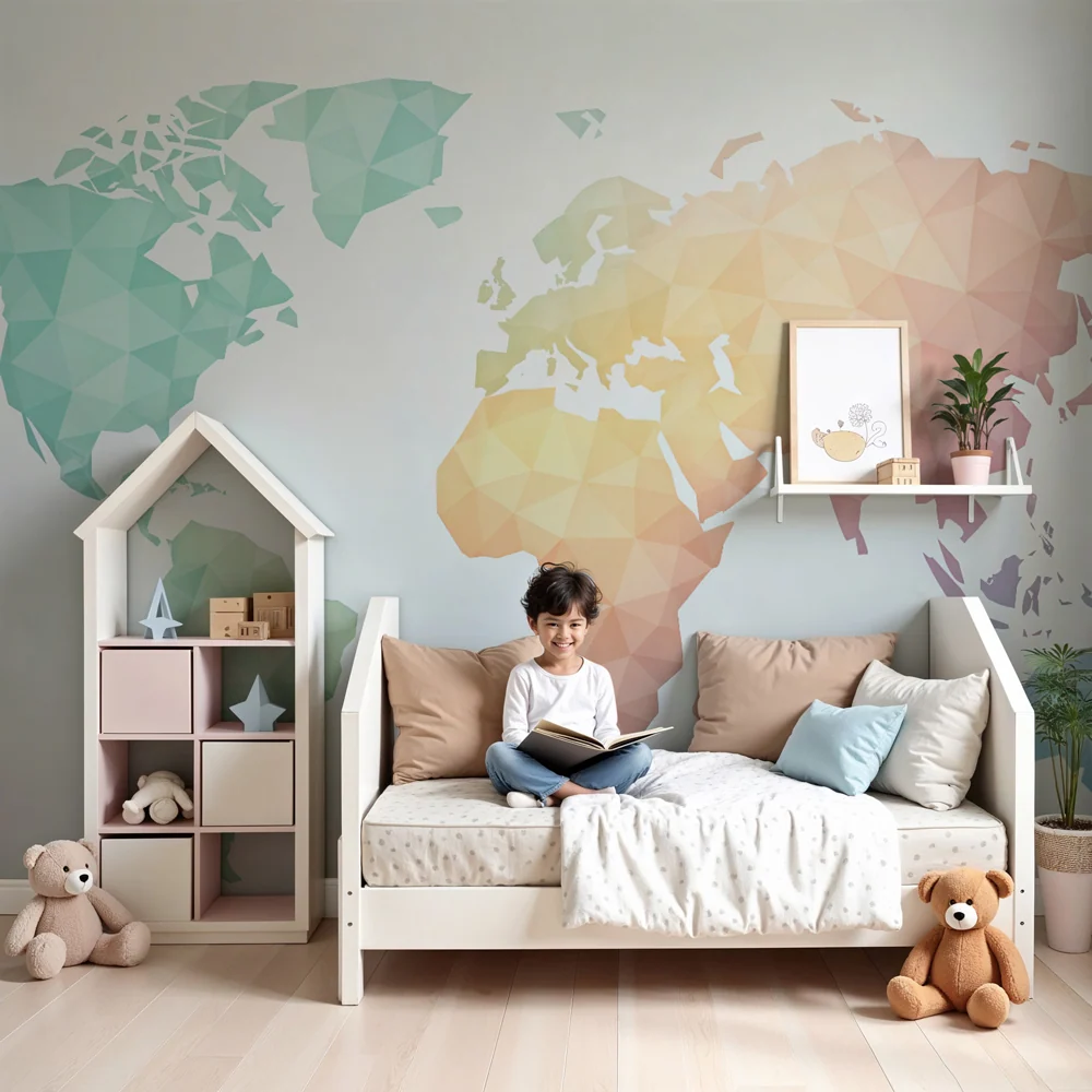 Papel de parede geométrico do mundo | Mapa em degradê de tons pastel