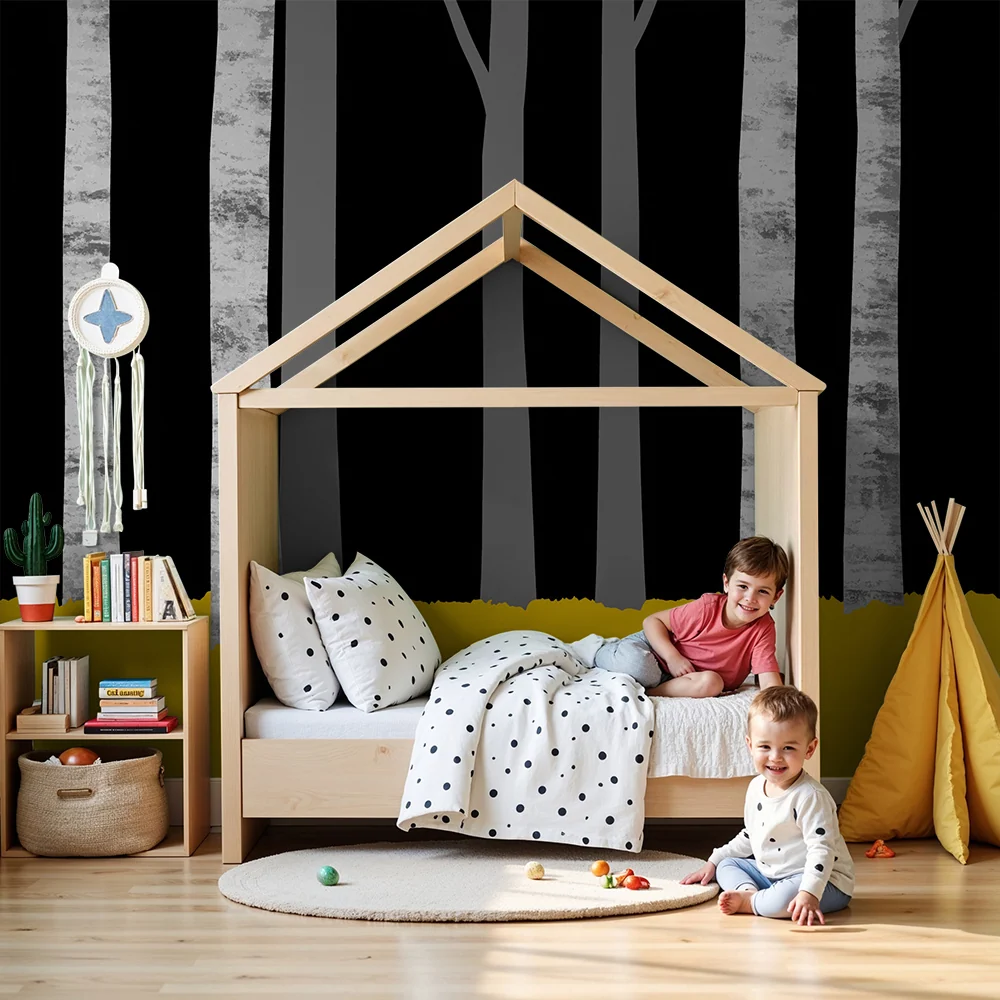 Papel de parede infantil | Floresta de bétulas com um chão amarelo vibrante