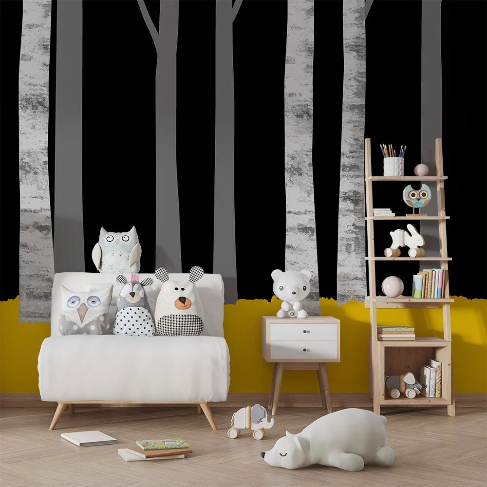 Papel de parede infantil | Floresta de bétulas com um chão amarelo vibrante