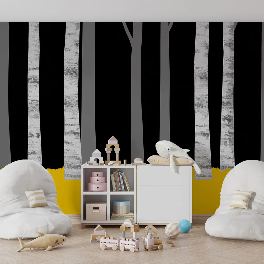Papel de parede infantil | Floresta de bétulas com um chão amarelo vibrante