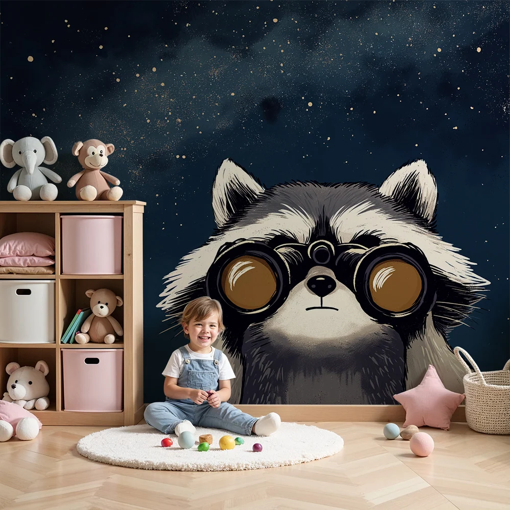 Papel de parede infantil | Guaxinim explorador sob as estrelas