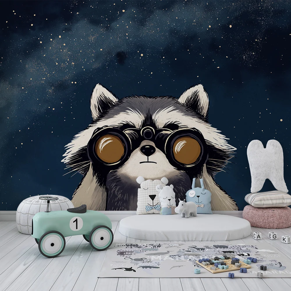 Papel de parede infantil | Guaxinim explorador sob as estrelas
