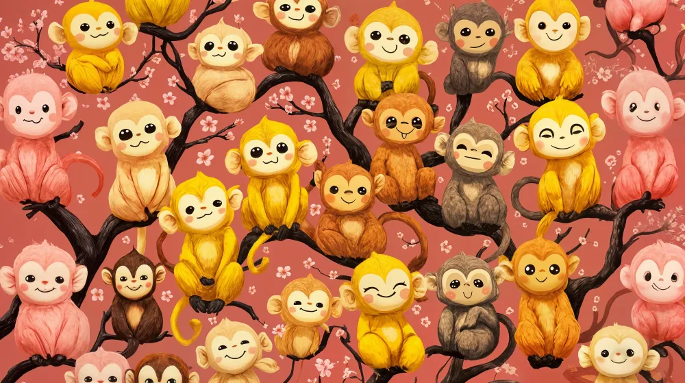 Papel de parede macacos | Crianças fofas em ramos floridos