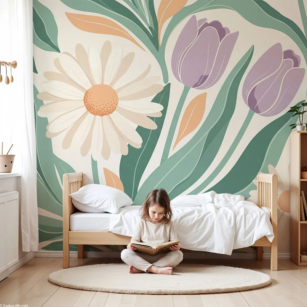 Papel de parede para quarto de bebé | Flores delicadas e folhagem serena