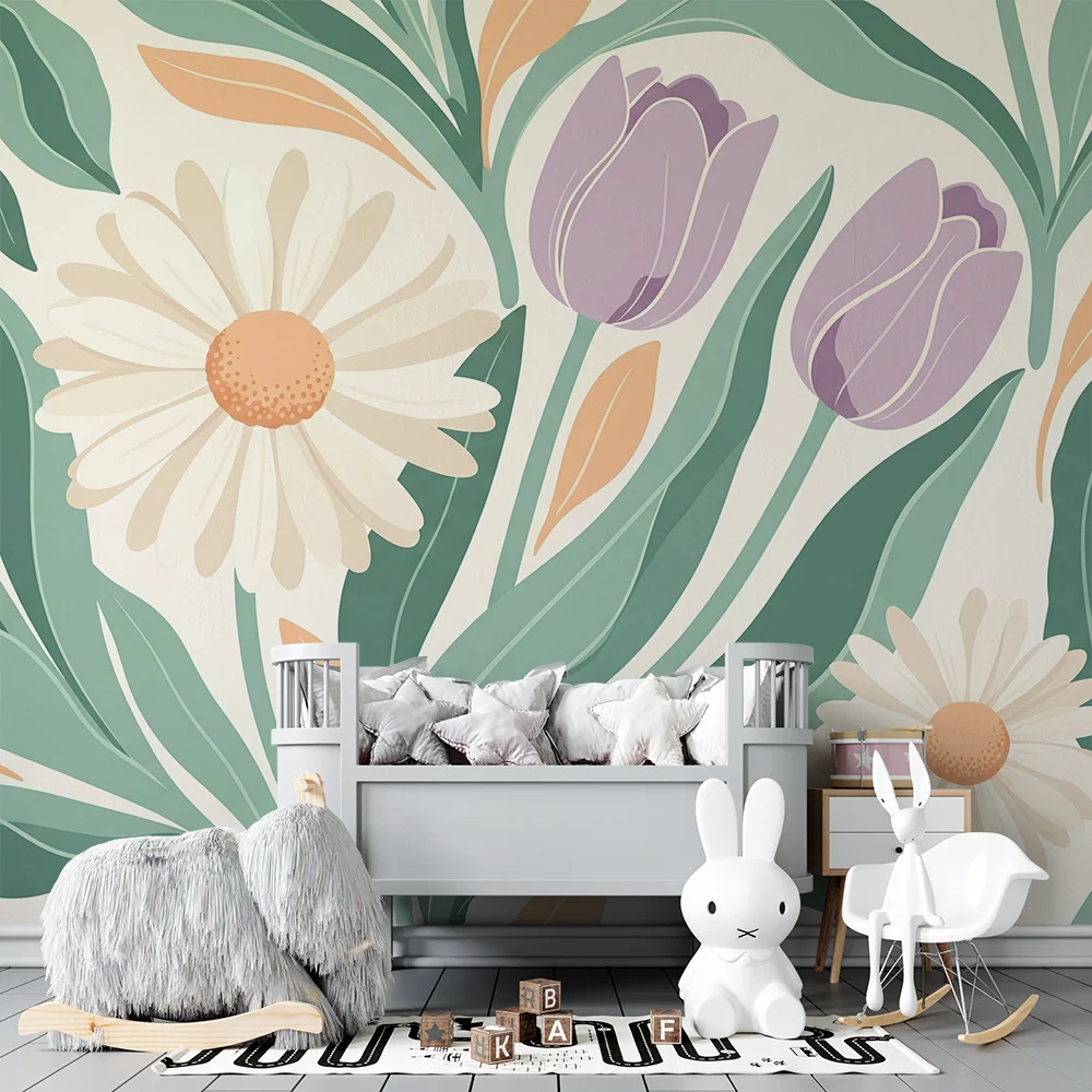 Papel de parede para quarto de bebé | Flores delicadas e folhagem serena