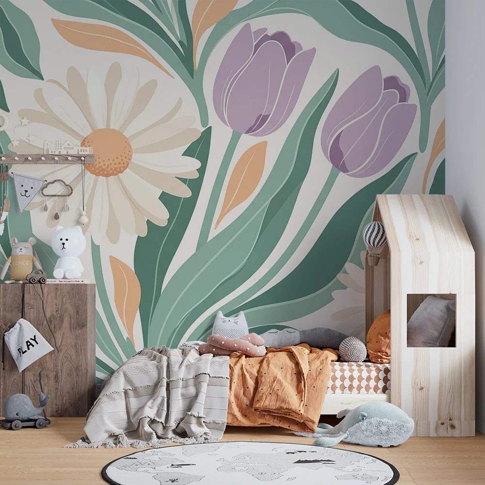 Papel de parede para quarto de bebé | Flores delicadas e folhagem serena