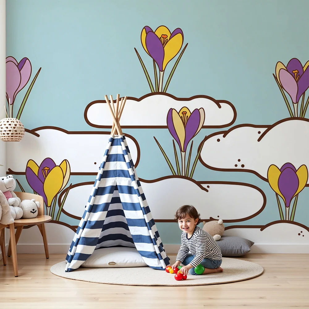 Papel de parede para quarto de bebé | Flores de çafrão flutuar sobre nuvens