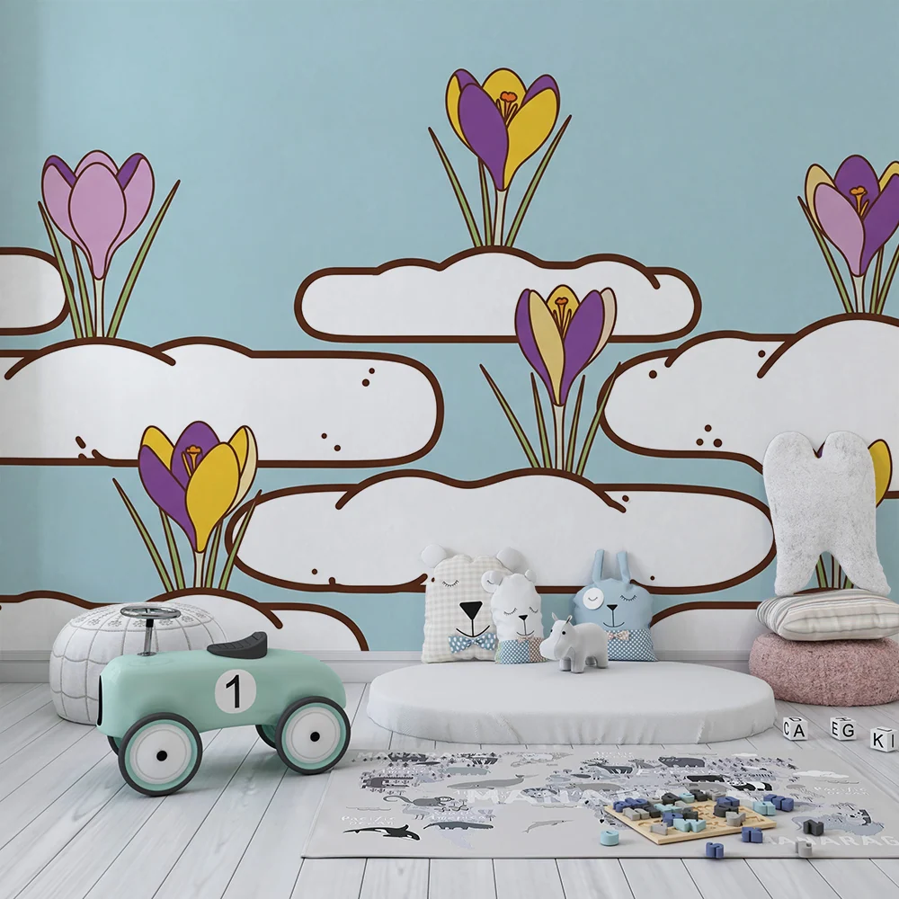 Papel de parede para quarto de bebé | Flores de çafrão flutuar sobre nuvens