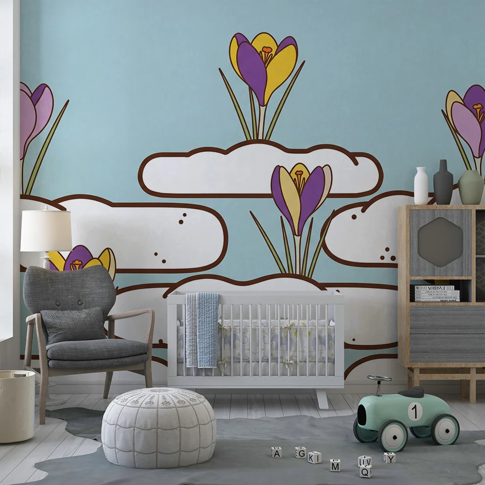 Papel de parede para quarto de bebé | Flores de çafrão flutuar sobre nuvens
