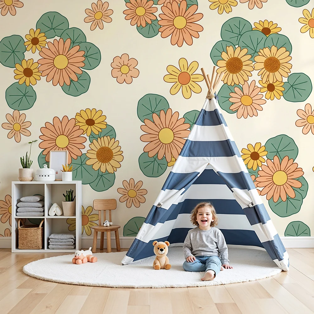 Papel de parede para quarto de bebé | Flores coloridas e folhas delicadas sobre fundo suave