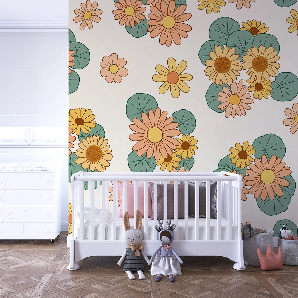 Papel de parede para quarto de bebé | Flores coloridas e folhas delicadas sobre fundo suave