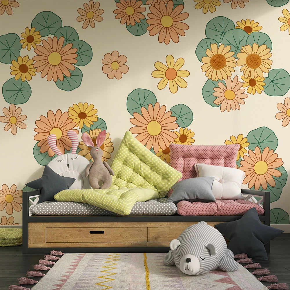 Papel de parede para quarto de bebé | Flores coloridas e folhas delicadas sobre fundo suave