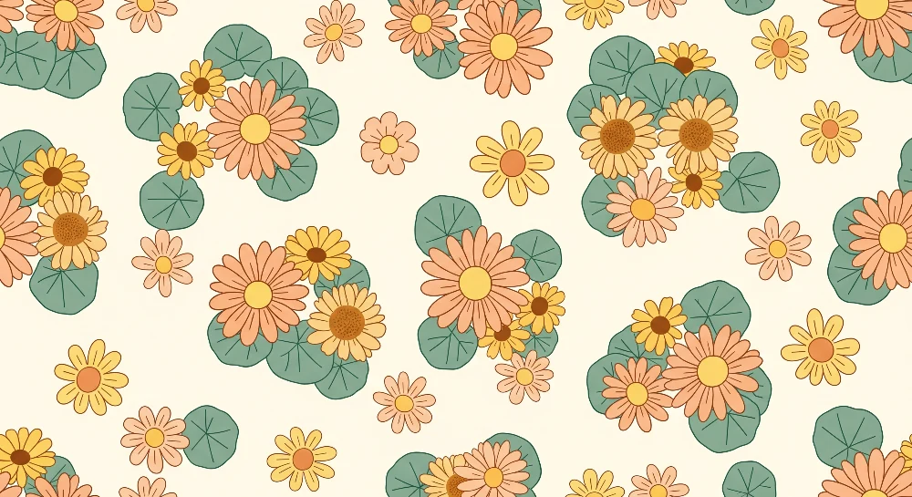 Papel de parede para quarto de bebé | Flores coloridas e folhas delicadas sobre fundo suave
