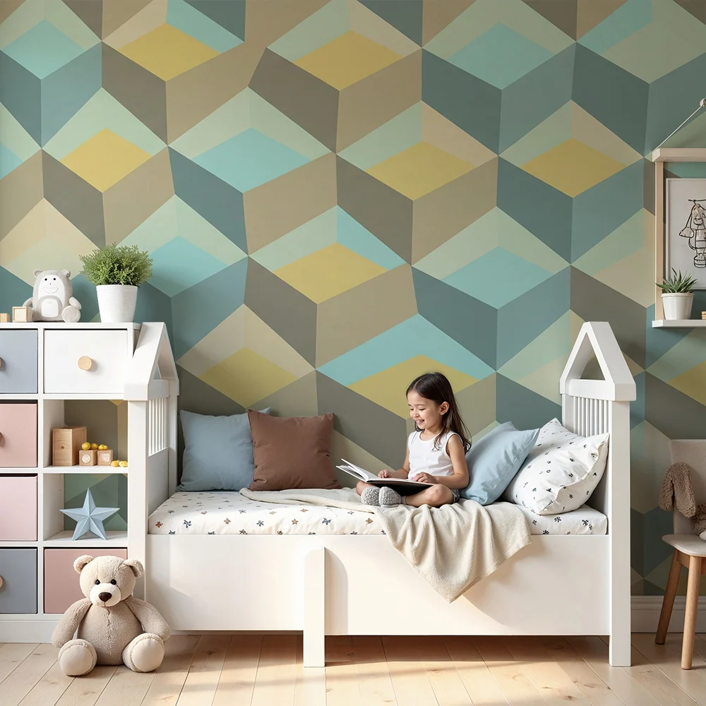 Papel de parede para quarto de bebé | Padrão geométrico em cubos pastel
