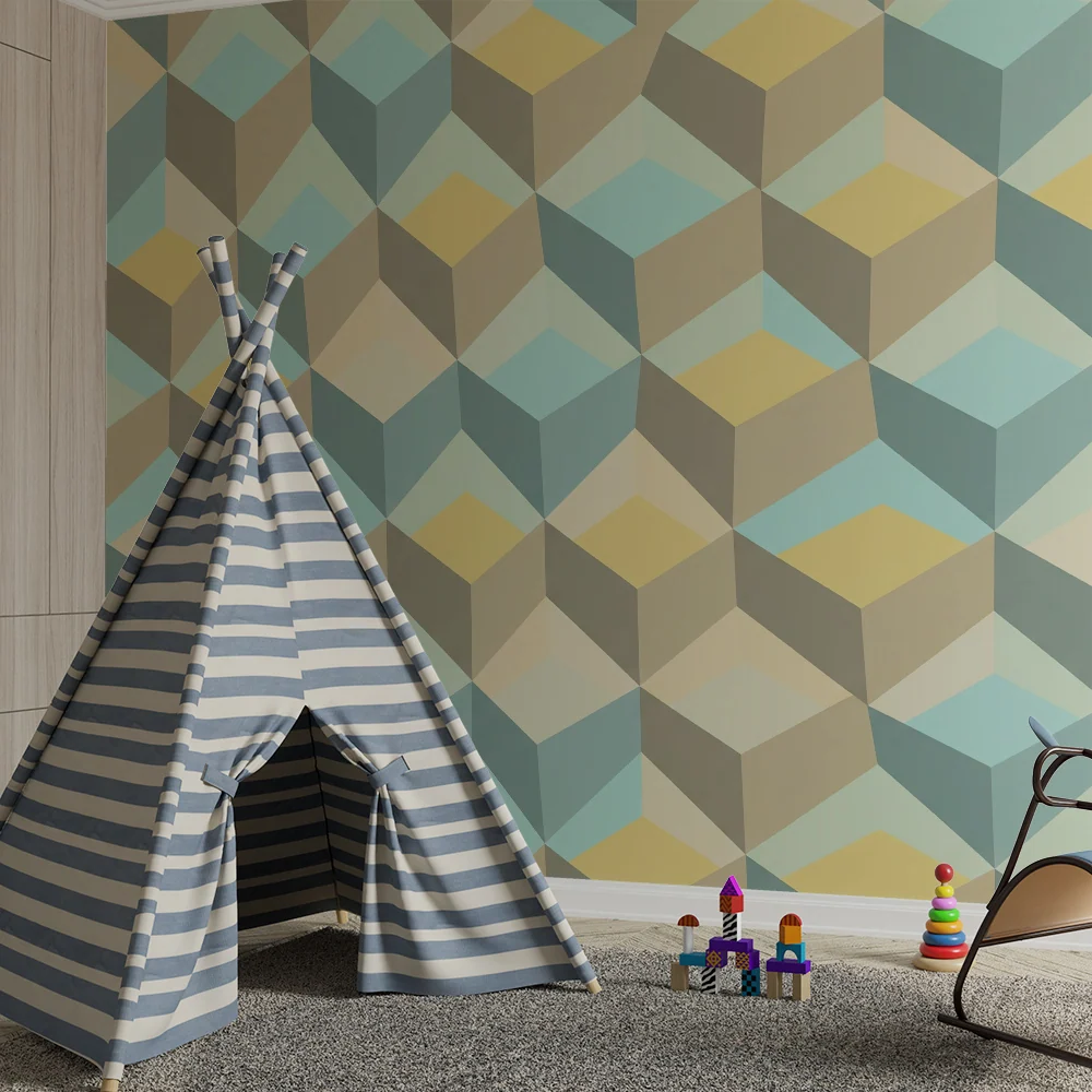 Papel de parede para quarto de bebé | Padrão geométrico em cubos pastel