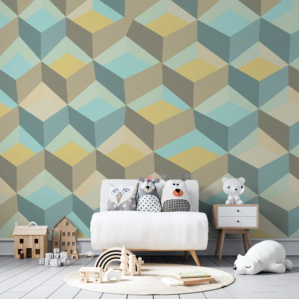 Papel de parede para quarto de bebé | Padrão geométrico em cubos pastel