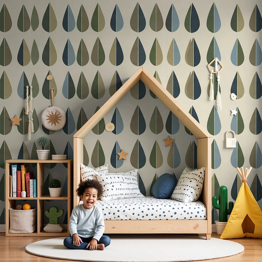 Papel de parede para quarto de bebé | Padrão de gotas de chuva em tons naturais