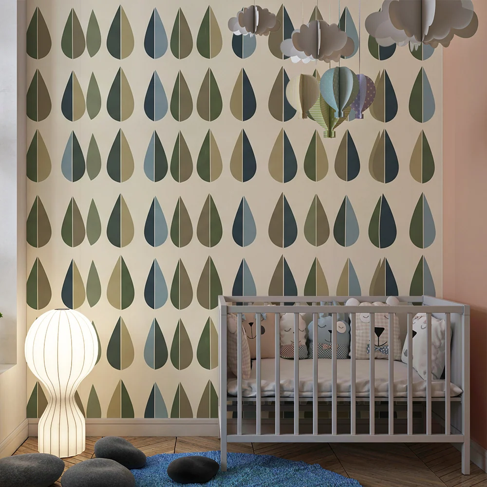 Papel de parede para quarto de bebé | Padrão de gotas de chuva em tons naturais