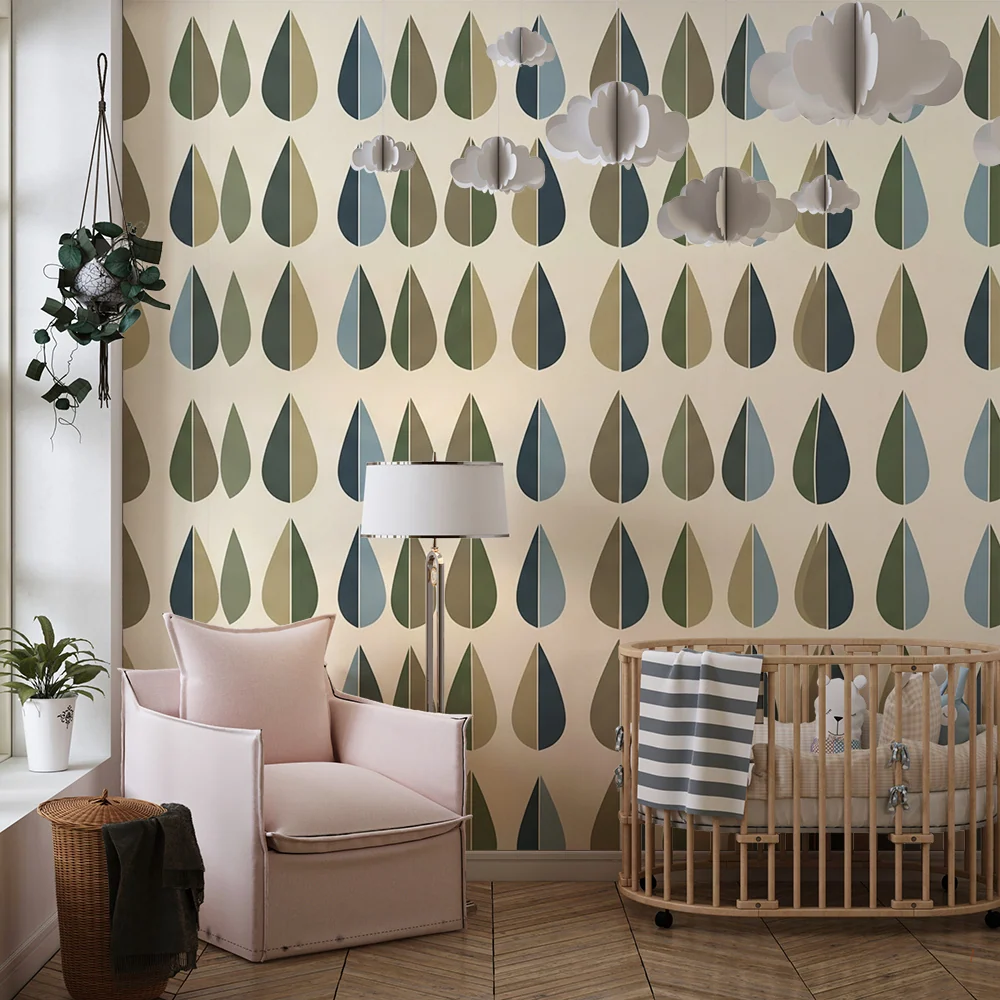Papel de parede para quarto de bebé | Padrão de gotas de chuva em tons naturais