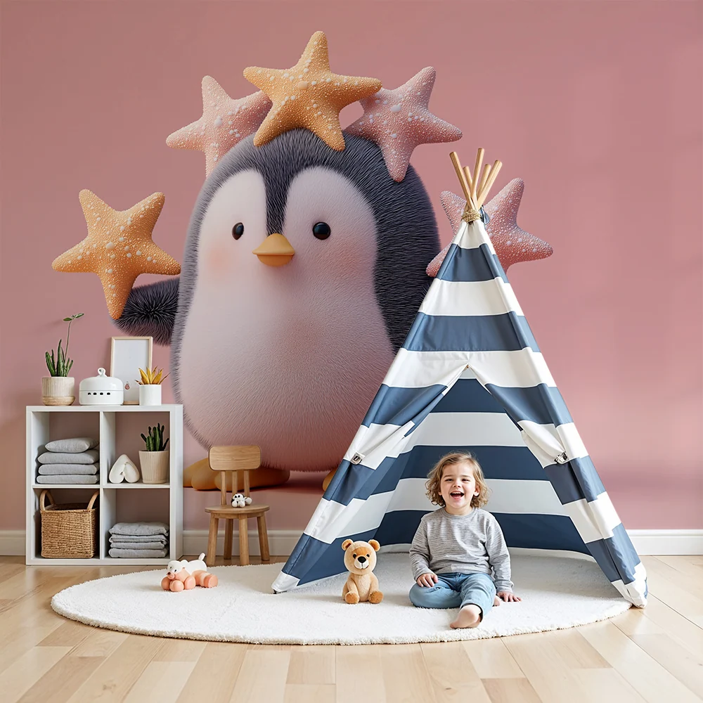 Papel de parede para quarto de bebé | Pinguim fofo com estrelas coloridas
