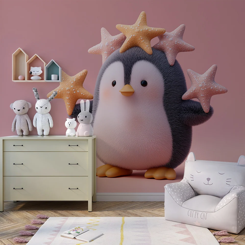 Papel de parede para quarto de bebé | Pinguim fofo com estrelas coloridas