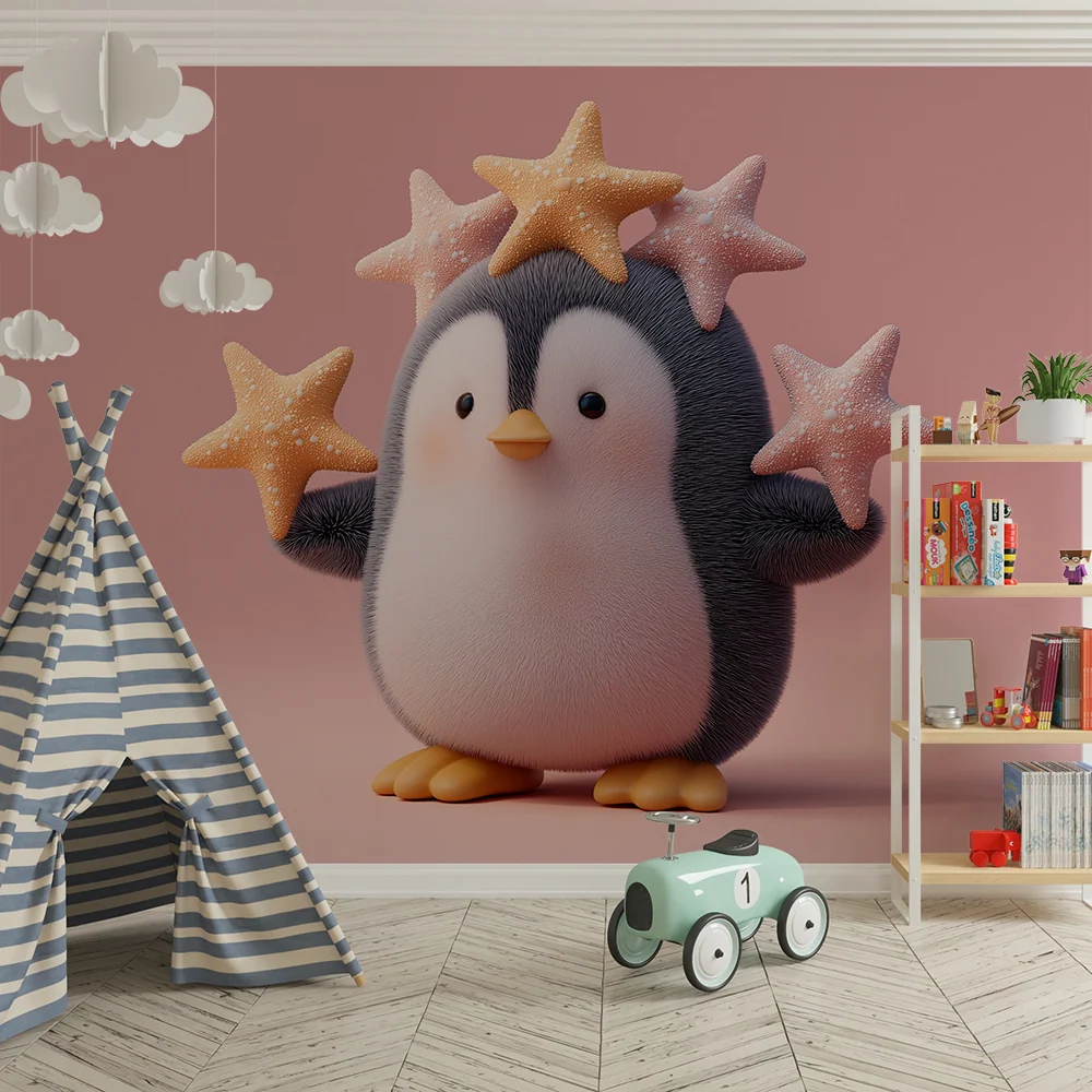 Papel de parede para quarto de bebé | Pinguim fofo com estrelas coloridas