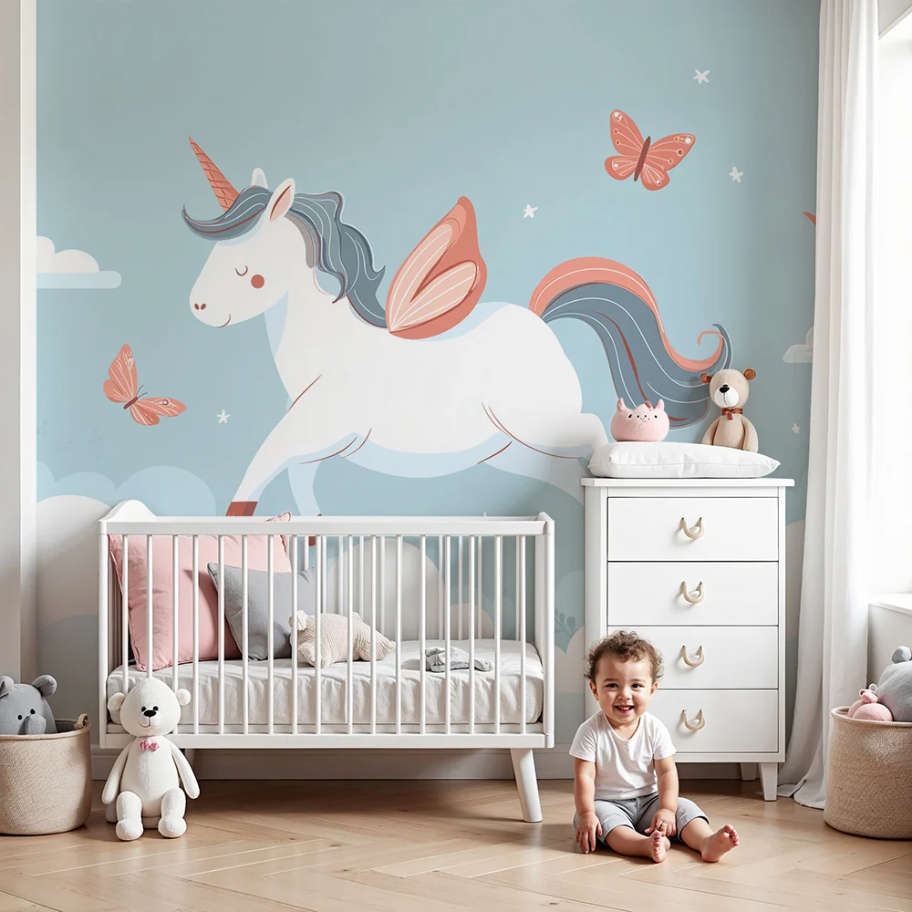 Papel de parede para quarto de bebé | Unicórnio mágico voar entre as nuvens