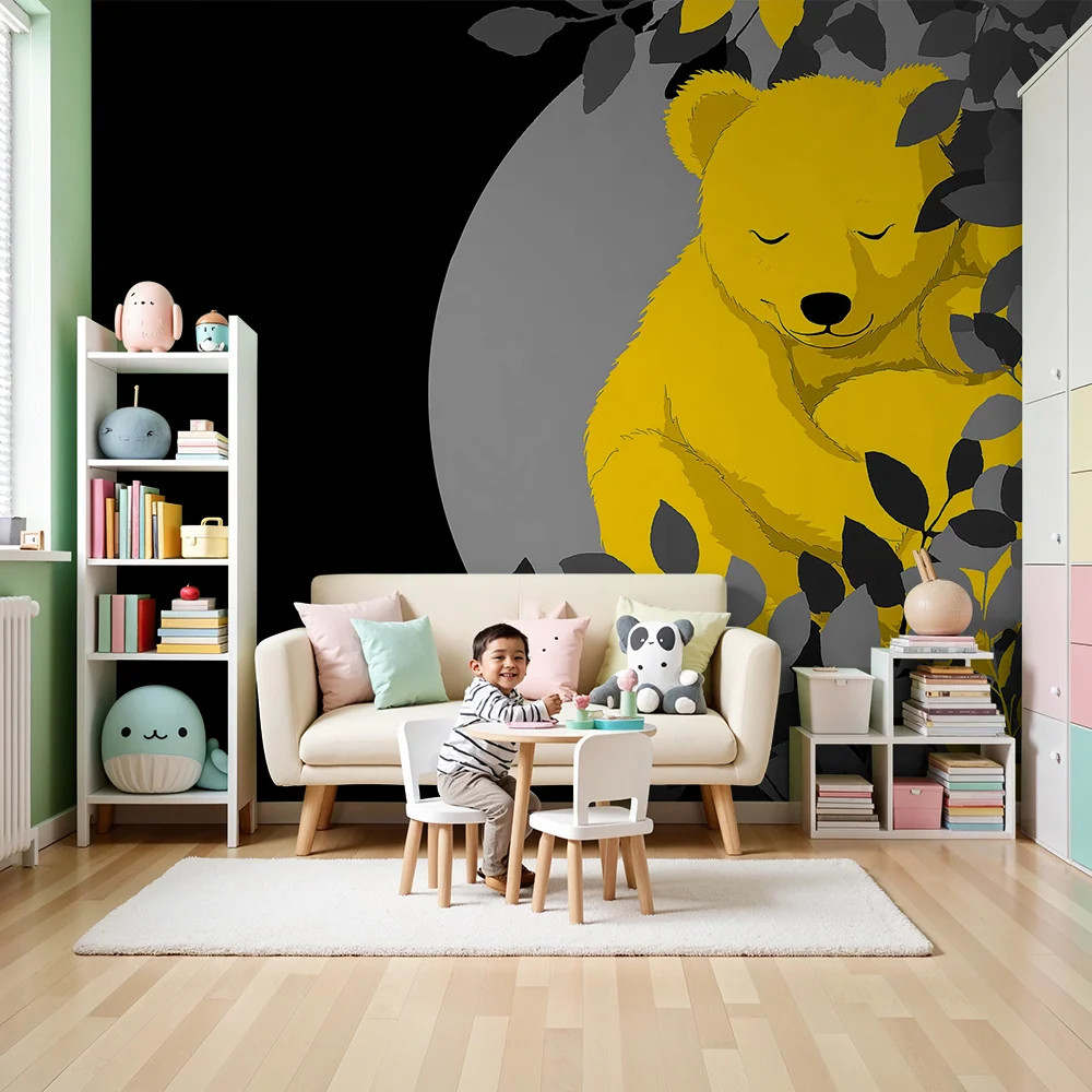 Papel de parede para quarto de bebé | Urso amarelo dormir rodeado de folhagem
