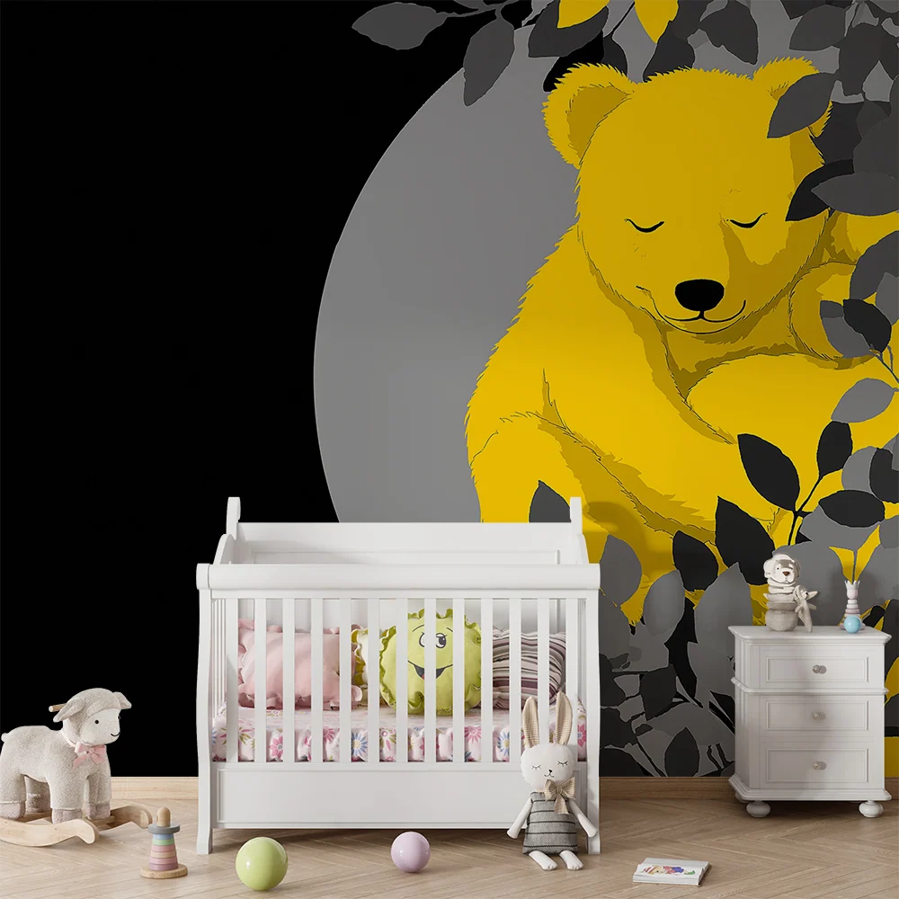 Papel de parede para quarto de bebé | Urso amarelo dormir rodeado de folhagem