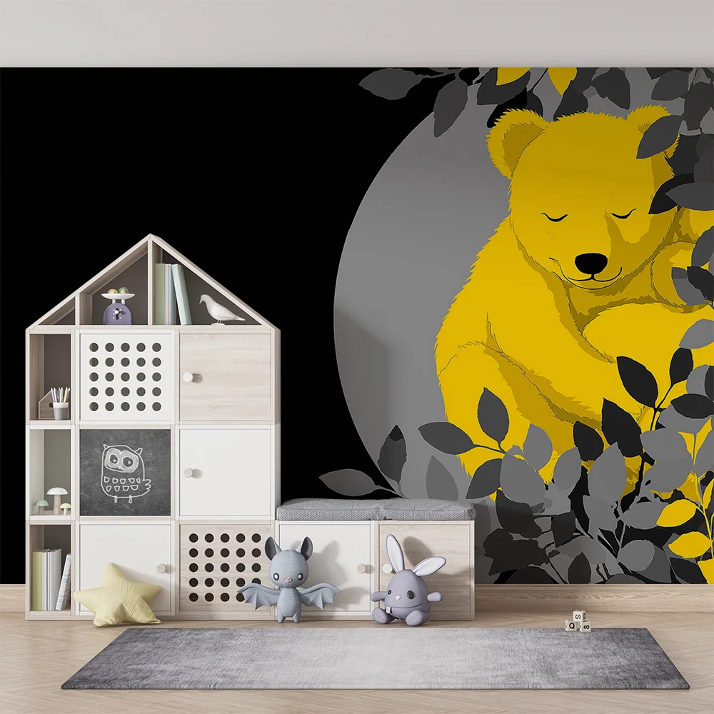 Papel de parede para quarto de bebé | Urso amarelo dormir rodeado de folhagem