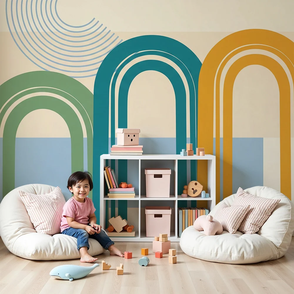 Papel de parede para quarto de crianç | Arcos coloridos e formas geométricas modernas