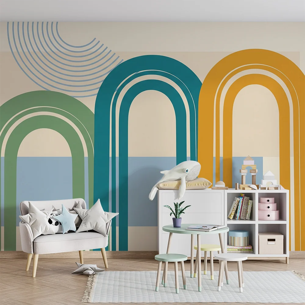 Papel de parede para quarto de crianç | Arcos coloridos e formas geométricas modernas