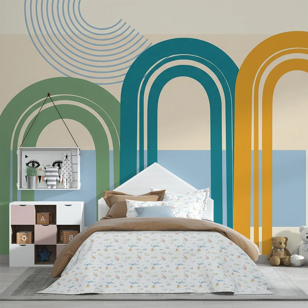 Papel de parede para quarto de crianç | Arcos coloridos e formas geométricas modernas