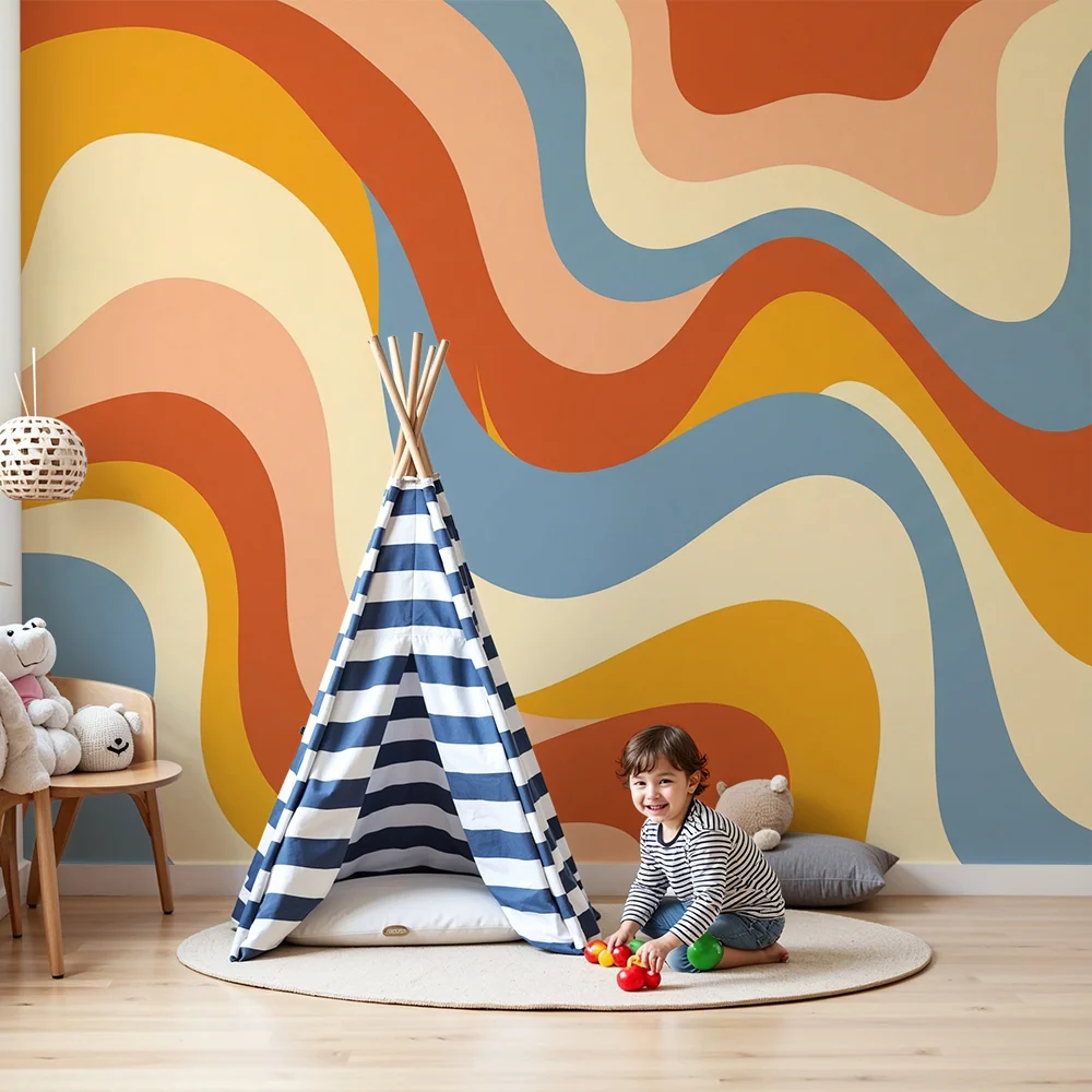 Papel de parede para quarto de crianç | Padrões ondulados com cores retro para um ambiente acolhedor