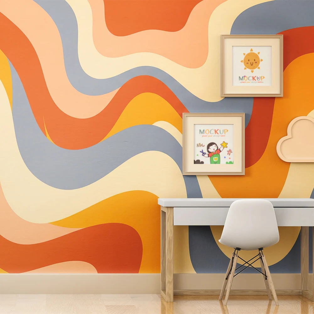 Papel de parede para quarto de crianç | Padrões ondulados com cores retro para um ambiente acolhedor