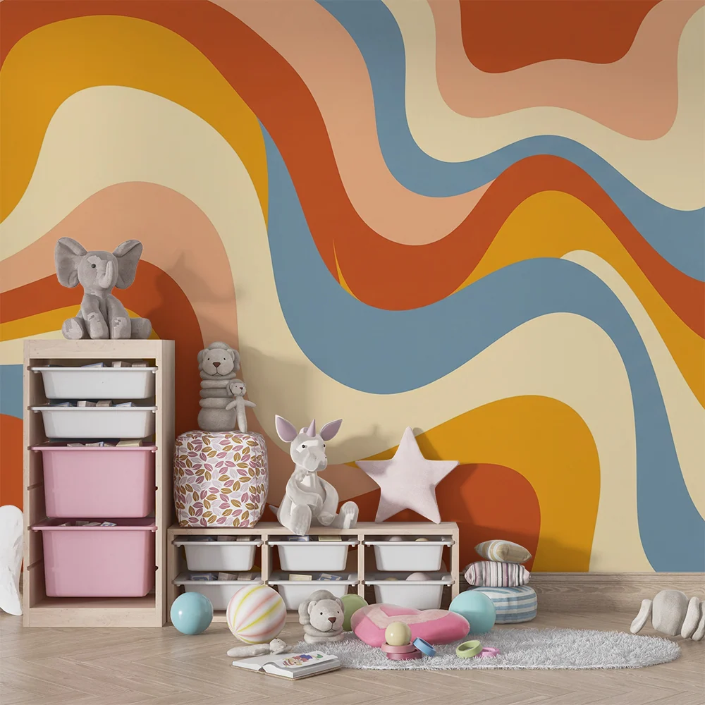 Papel de parede para quarto de crianç | Padrões ondulados com cores retro para um ambiente acolhedor