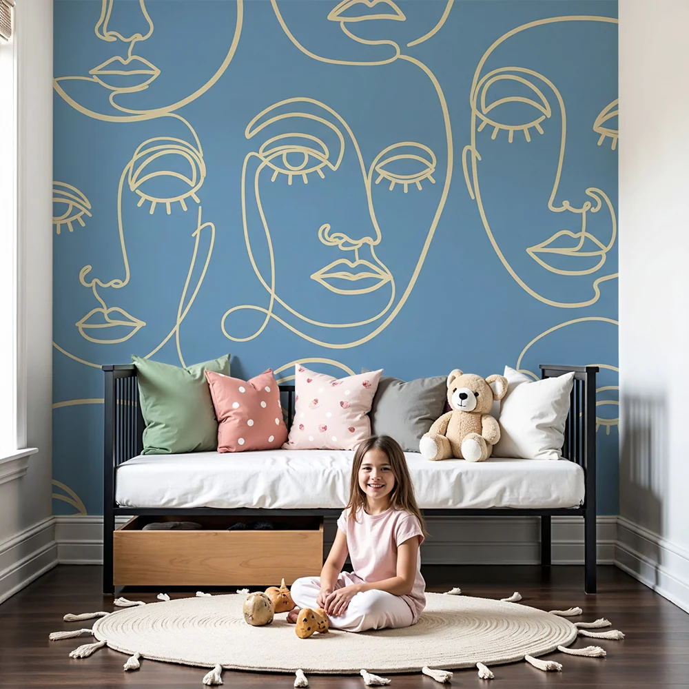 Papel de parede para quarto de crianç | Rostos estilizados sobre fundo azul