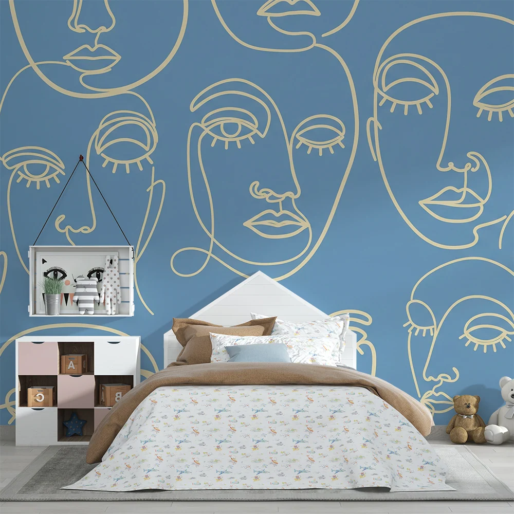 Papel de parede para quarto de crianç | Rostos estilizados sobre fundo azul
