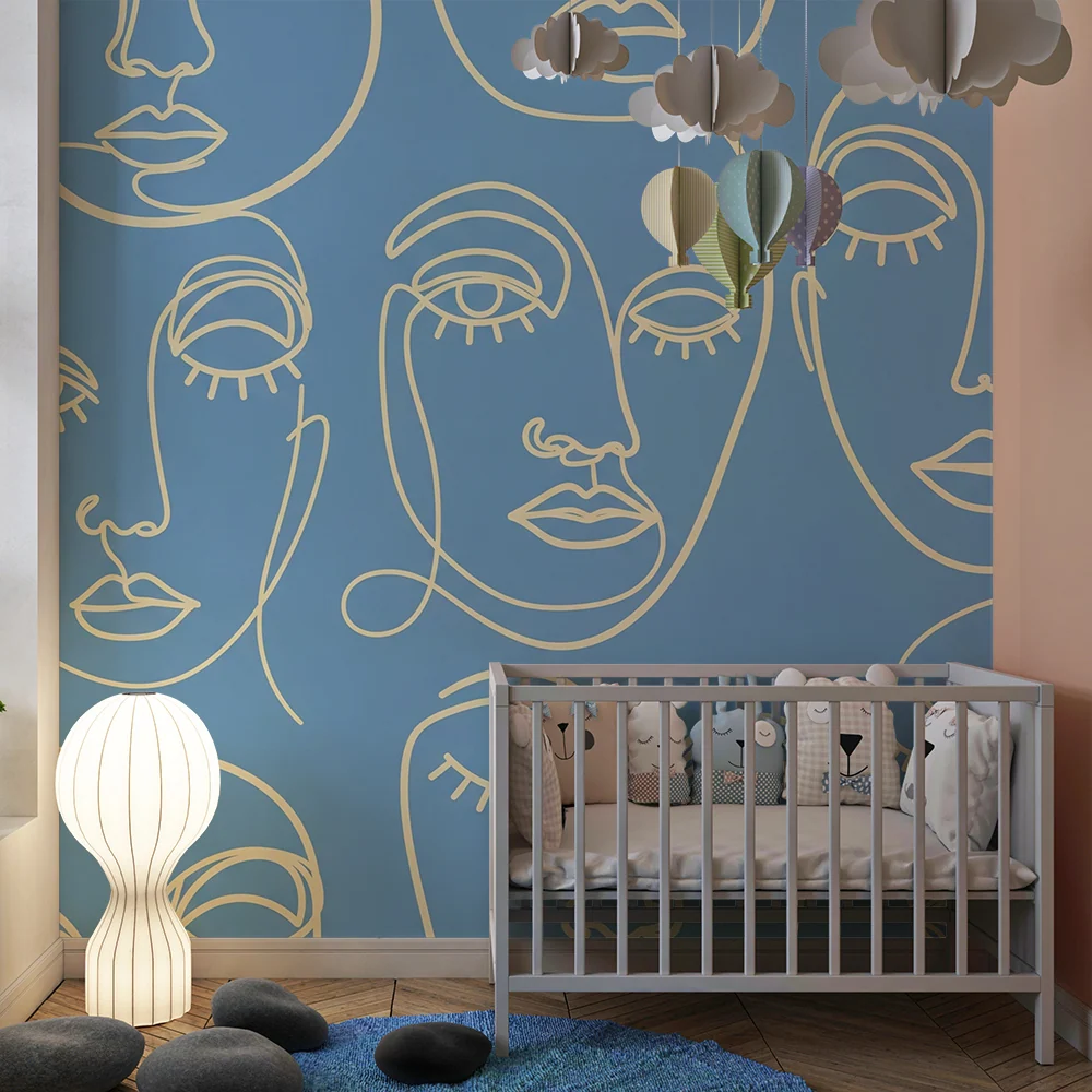 Papel de parede para quarto de crianç | Rostos estilizados sobre fundo azul