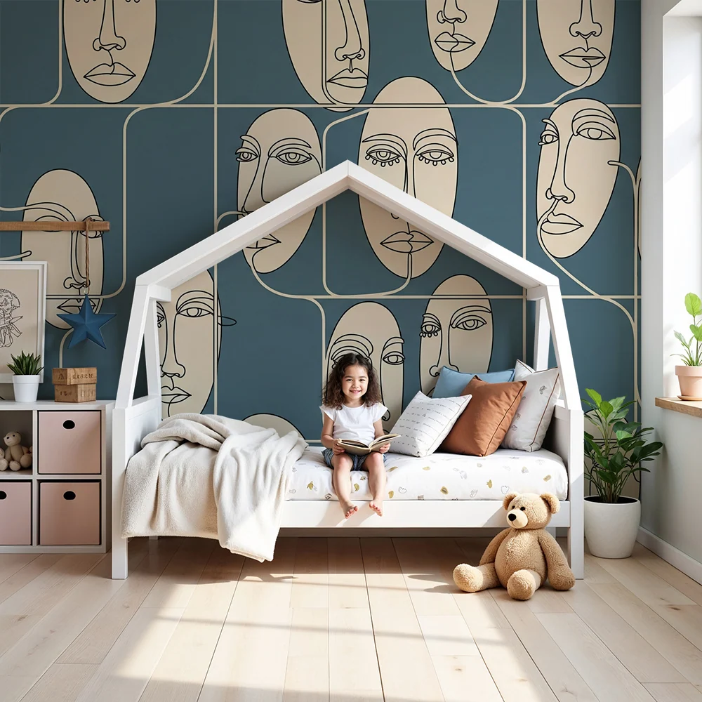 Papel de parede para quarto de crianç | Rostos bege sobre fundo azul