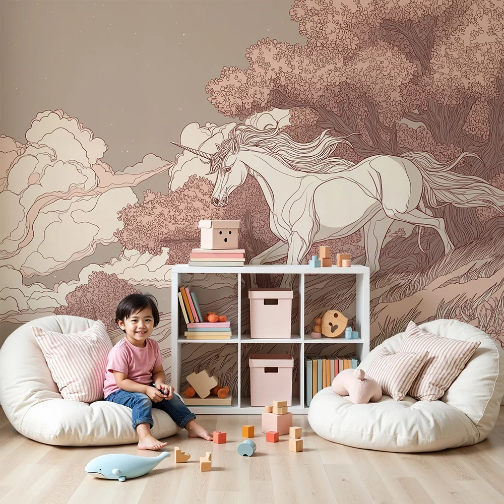 Papel de parede para quarto de crianç | Unicórnio majestoso numa paisagem de sonho