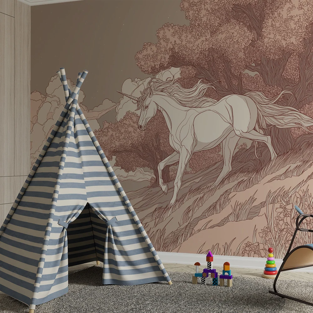 Papel de parede para quarto de crianç | Unicórnio majestoso numa paisagem de sonho