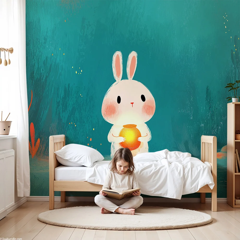 Papel de parede para quarto infantil | Coelho fofinho com lanterna num mundo subaquático colorido