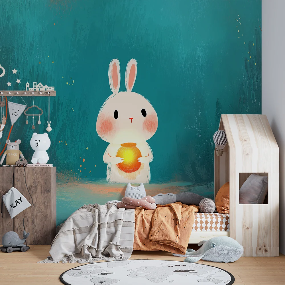 Papel de parede para quarto infantil | Coelho fofinho com lanterna num mundo subaquático colorido