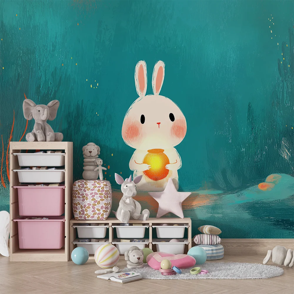 Papel de parede para quarto infantil | Coelho fofinho com lanterna num mundo subaquático colorido