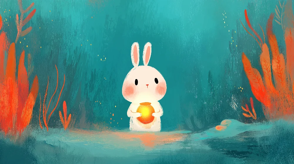 Papel de parede para quarto infantil | Coelho fofinho com lanterna num mundo subaquático colorido