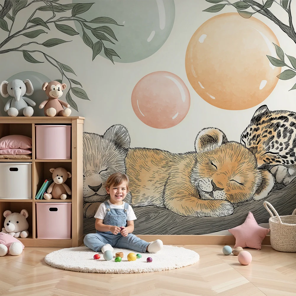 Papel de parede quarto bebê | Animais adormecidos num ramo com bolhas coloridas