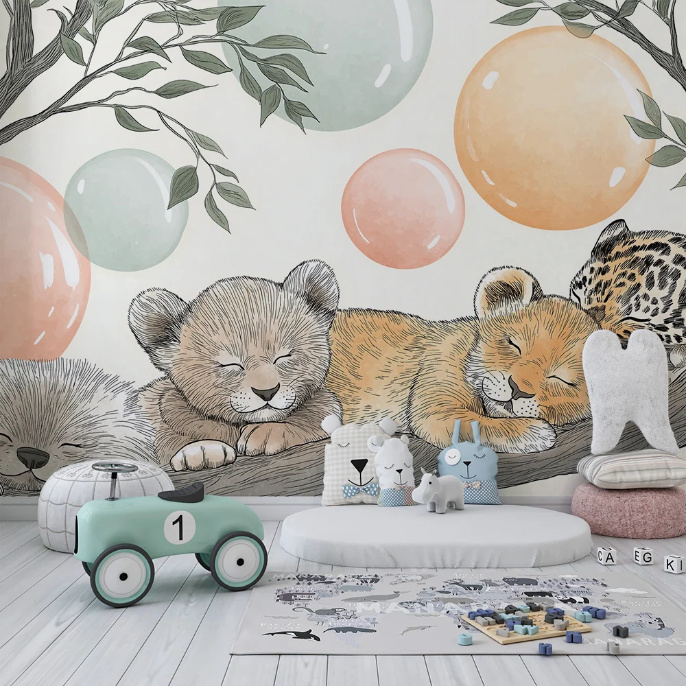 Papel de parede quarto bebê | Animais adormecidos num ramo com bolhas coloridas