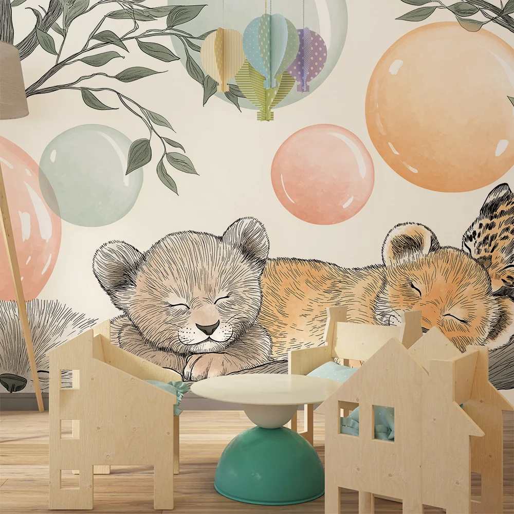 Papel de parede quarto bebê | Animais adormecidos num ramo com bolhas coloridas