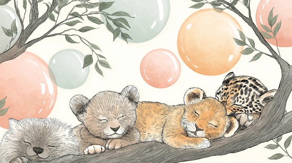 Papel de parede quarto bebê | Animais adormecidos num ramo com bolhas coloridas